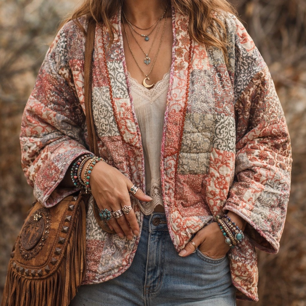 Patchwork Boho Open Front Jacket